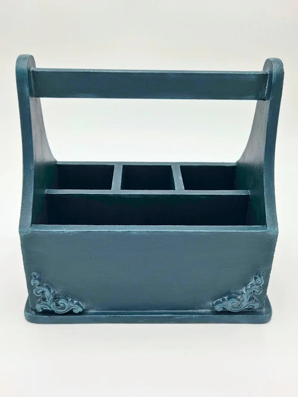 Rustic Teal Wooden Organizer Caddy – Multi‑Slot Desk Storage